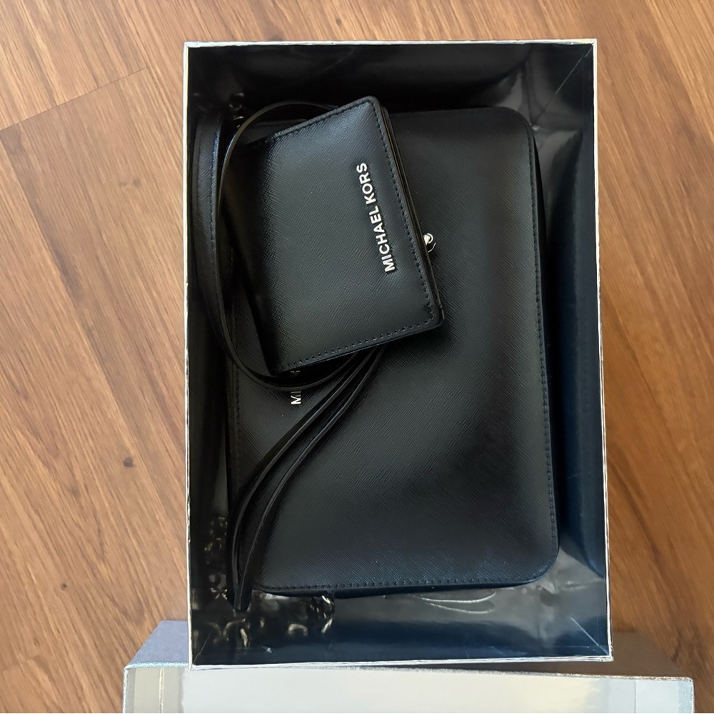 Michael Kors Black Saffiano Leather Crossbody and Wallet Set